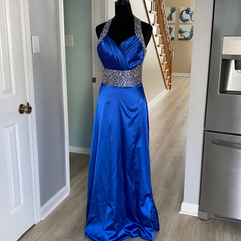 Grace Karin Royal Blue Halter Evening Gown with Beaded Waist